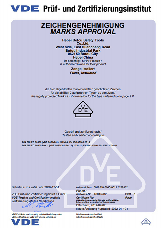 Le certificat VDE pour les pinces.